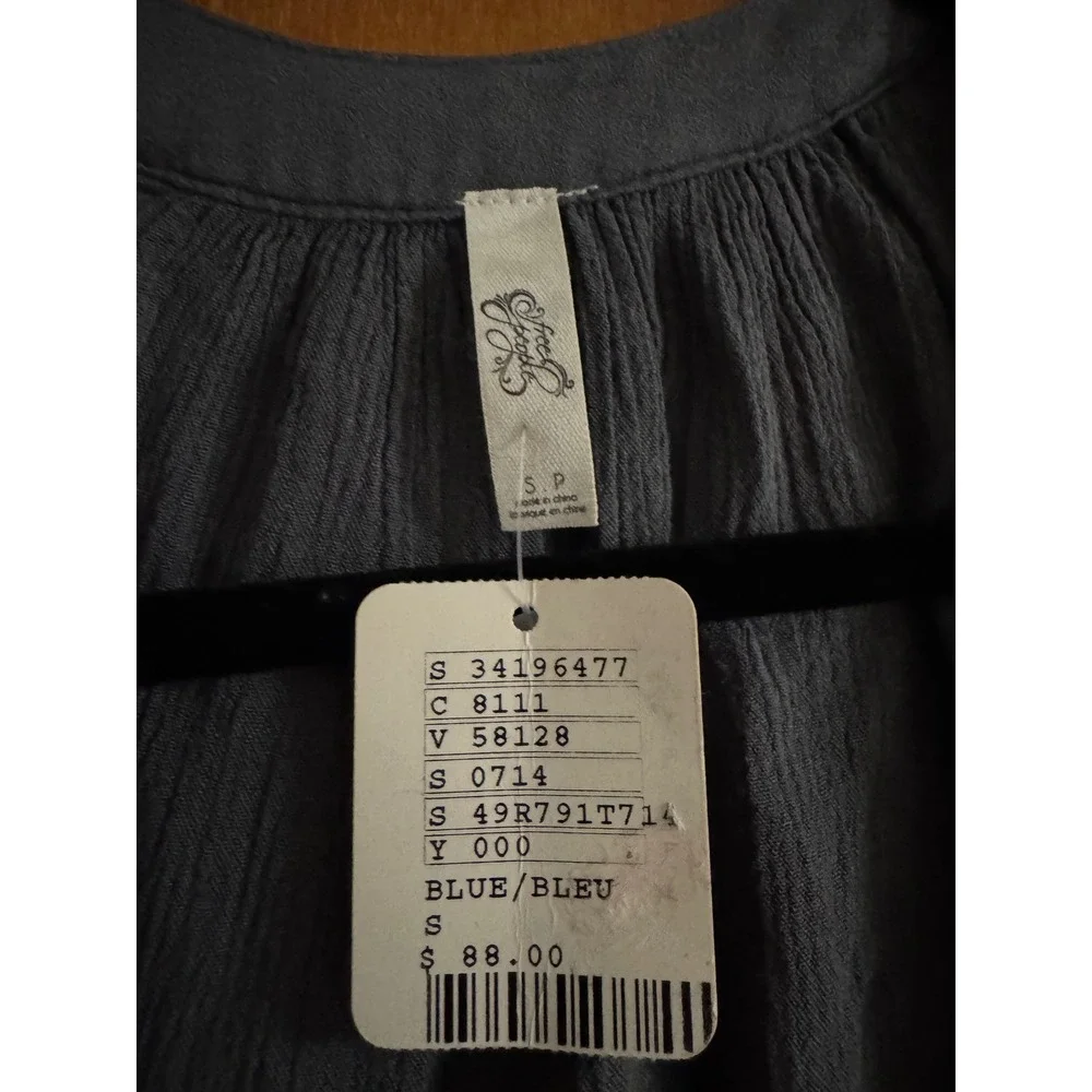 Free People Slate Blue Grey Rayon Gauze Tie Front Blouse Small NWT